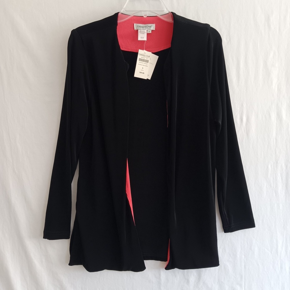 COLDWATER CREEK Slinky Travel Knit Stretch Cardigan Black Coral Women Small NWT